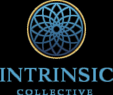 Intrinsic Collective logo featuring a geometric mandala-style pattern in blue and gold