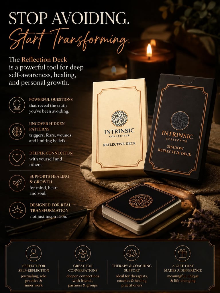 Intrinsic tarot card decks displayed with text about self-reflection and personal transformation, surrounded by candles and natural elements