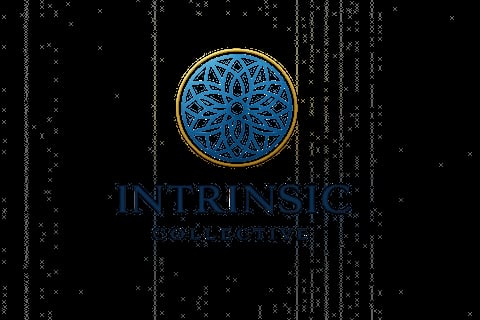 Intrinsic Records logo featuring a blue mandala-like design in a gold circle on a dark digital background